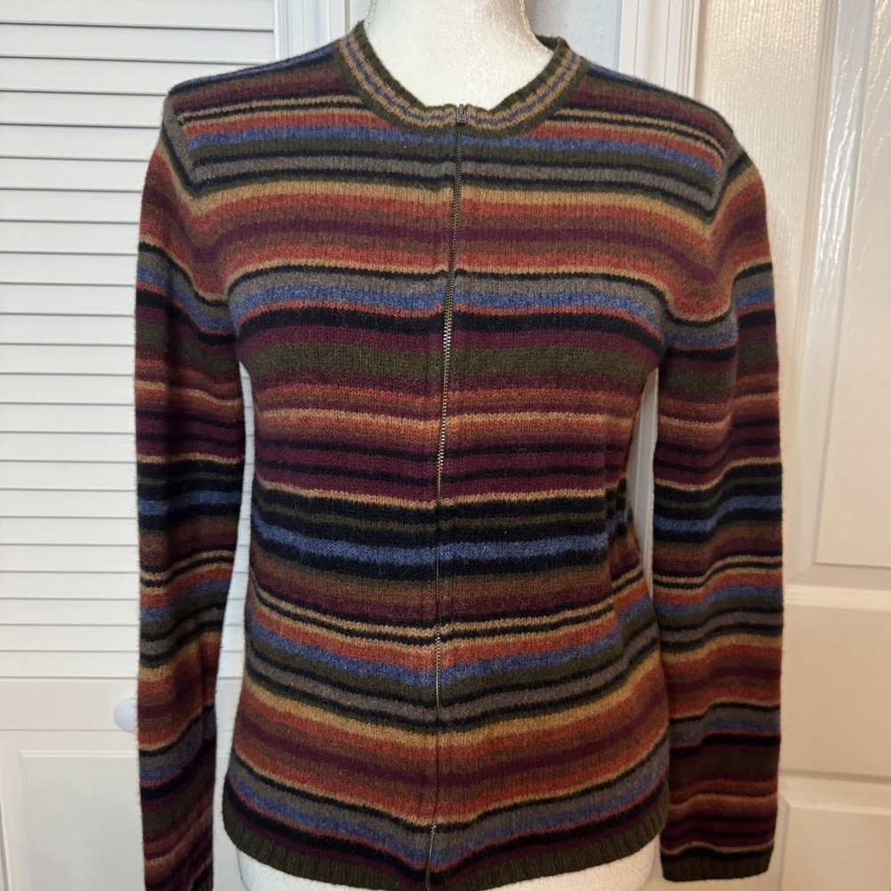 Carroll Reed Womens Striped Lambswool Zip Front Cardigan Sweater Multi-Color L